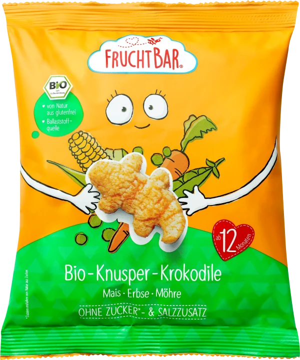 Kinderhapje Krokante Krokodillen Met Maïs, Erwten En Wortelen, Vanaf 12 Maanden, 30 G